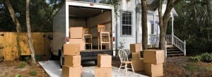 Moving van with cardboard boxes